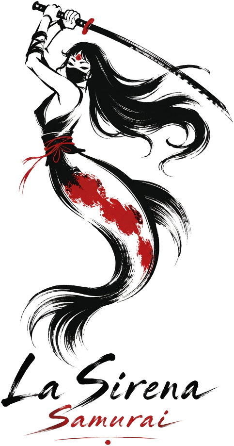 Ilustración a tinta sumi-e de una sirena samurái con katana